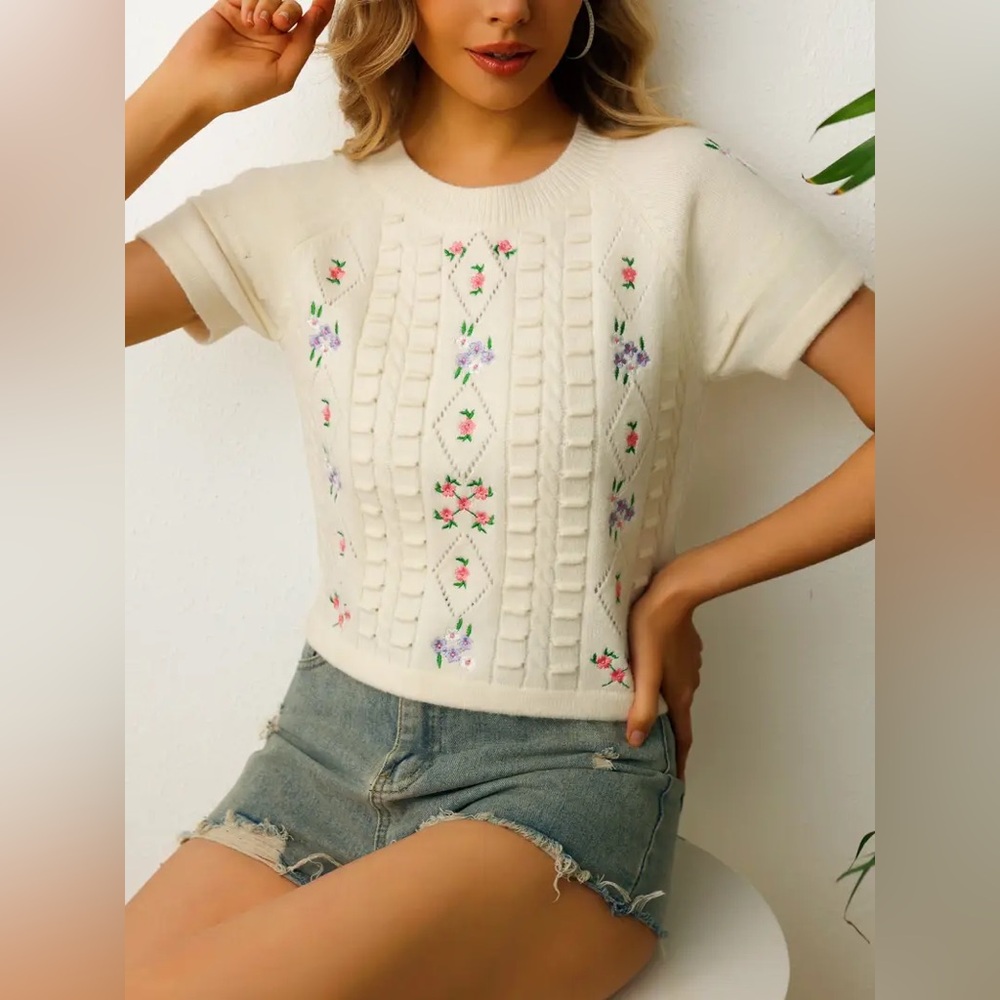 Cider Embroidered Short Sleeve Sweater
